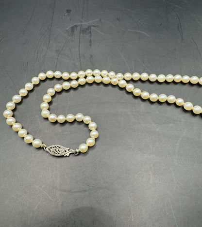 Vintage Mid-Century Pearl Necklace with Sterling Silver Clasp – 16.5” Choker Length