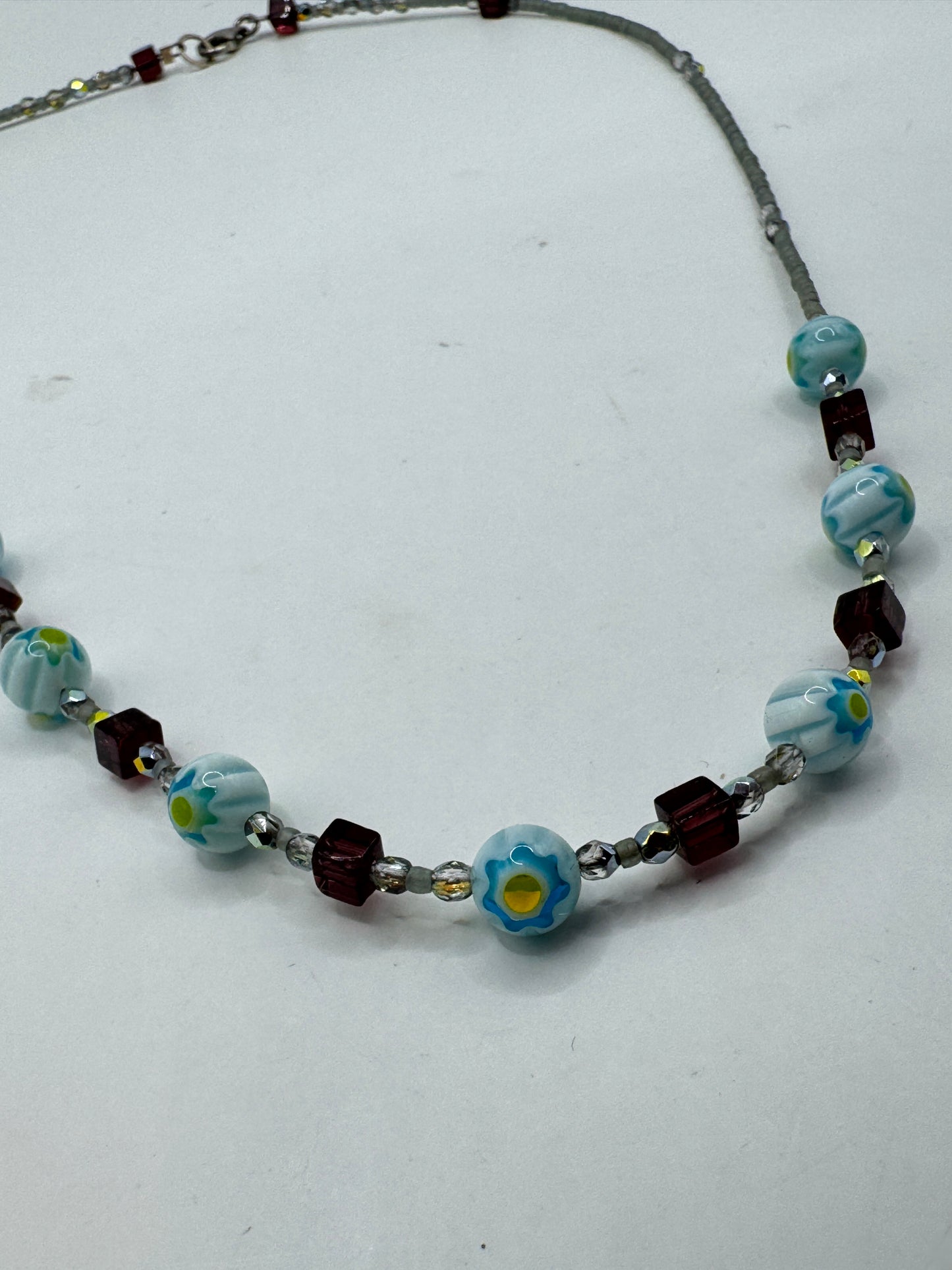 Vintage Art Glass Necklace – Lampwork Blue Floral Beads, Sterling Silver Clasp 925, 21”