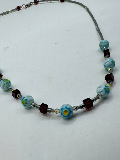 Vintage Art Glass Necklace – Lampwork Blue Floral Beads, Sterling Silver Clasp 925, 21”