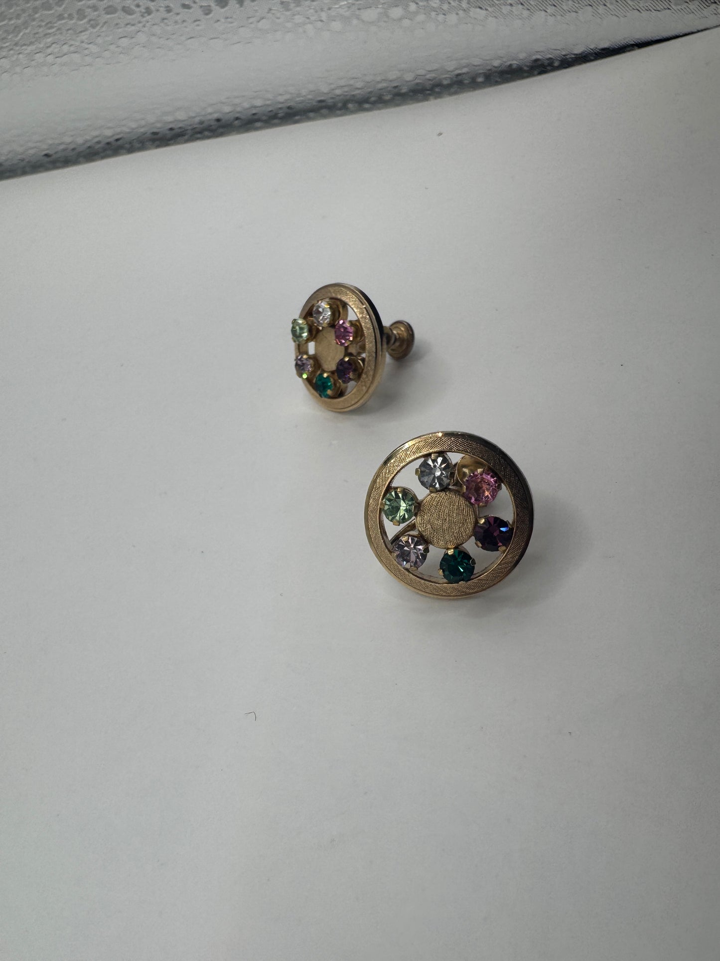 Anson Rainbow Crystal Clips Earrings – 1950s Gold-Plated Sterling Vintage Jewelry