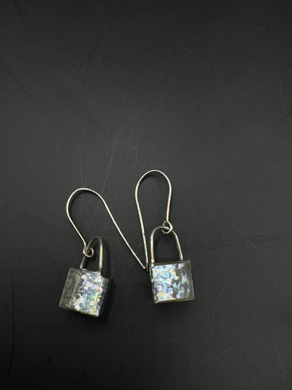 Vintage Sterling Silver Padlock Dangle Earrings – Iridescent Resin Inlay, Minimalist Lock Design