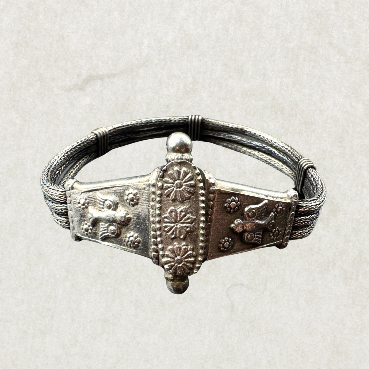 Handcrafted Vintage Sterling Silver Bracelet – Floral & Bird Motif
