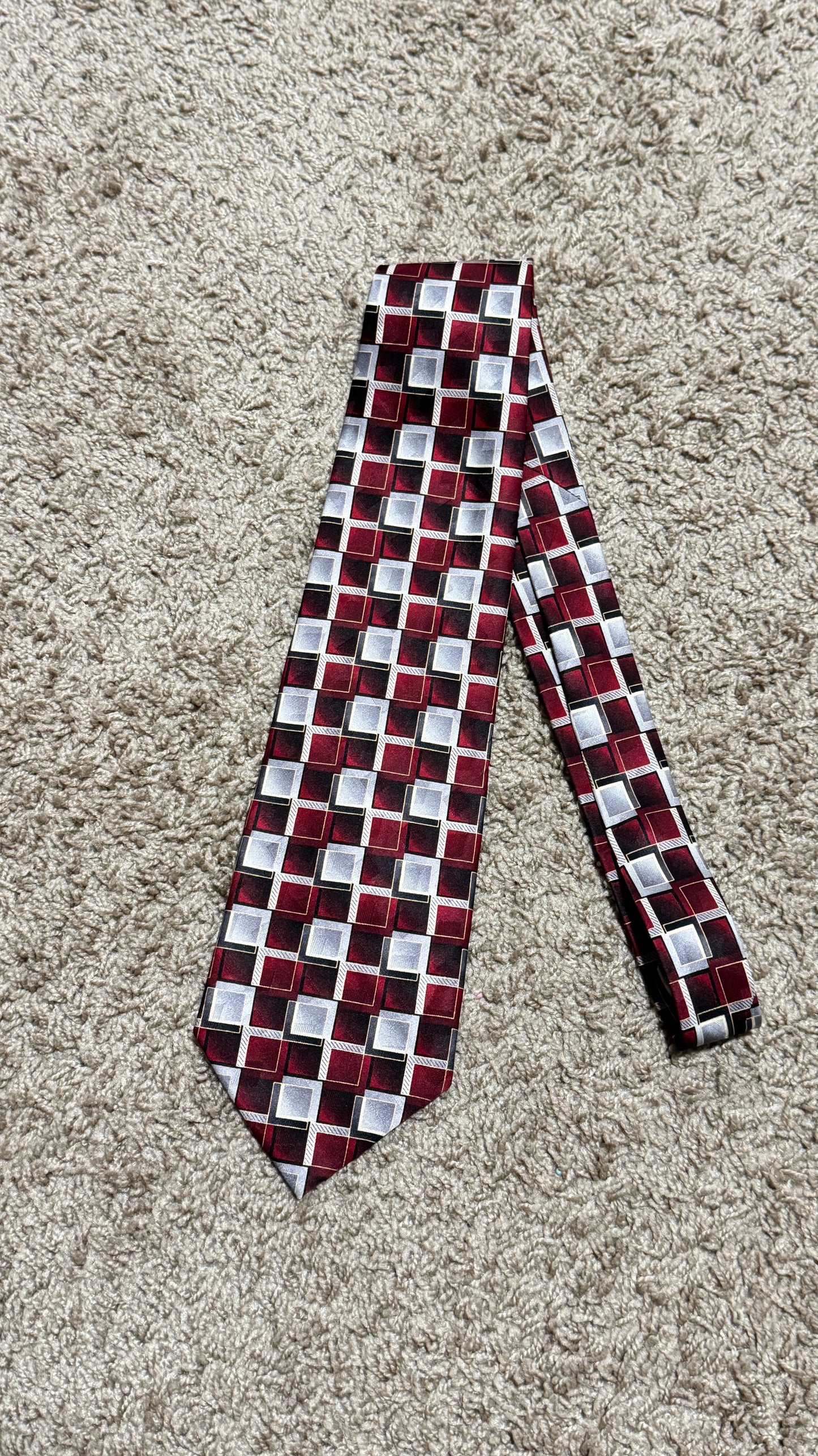 Vintage Pierre Cardin 100% Silk Geometric Tie – Burgundy Gray Abstract Designer Necktie 57” x 4”