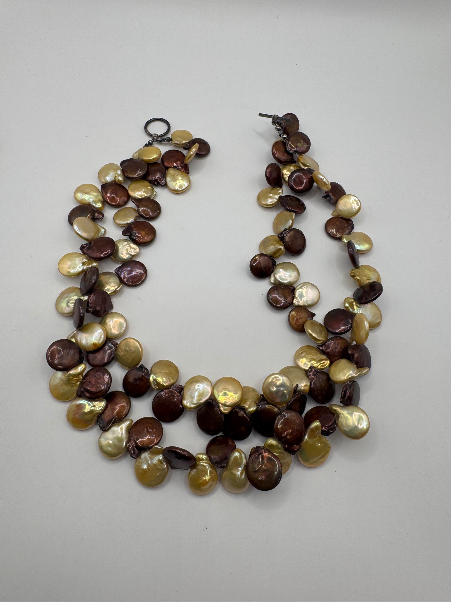 Vintage Double Strand Brown Mother of Pearl Shell Nugget Necklace – 925 Sterling Silver Clasp