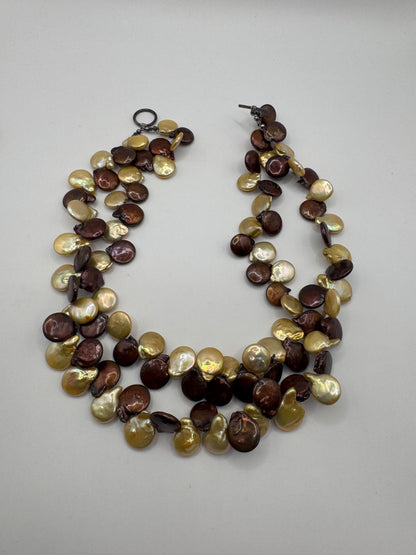 Vintage Double Strand Brown Mother of Pearl Shell Nugget Necklace – 925 Sterling Silver Clasp