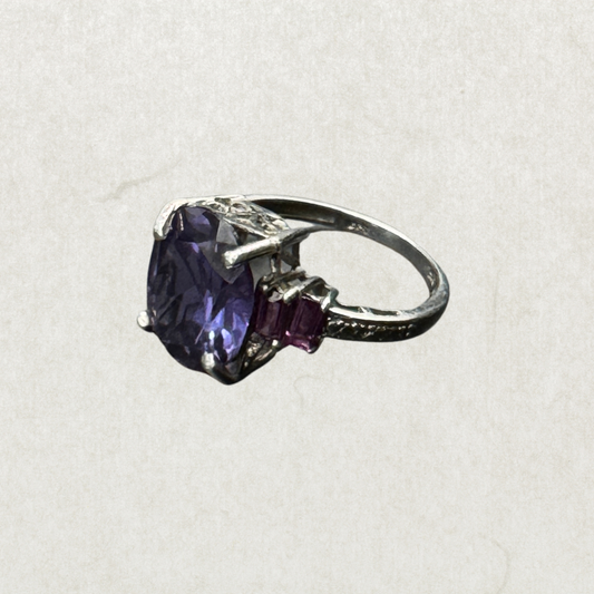 Vintage Sterling Silver Ring with Large Purple Stone & Pink Side Accents – Statement Cocktail Ring Sz 7
