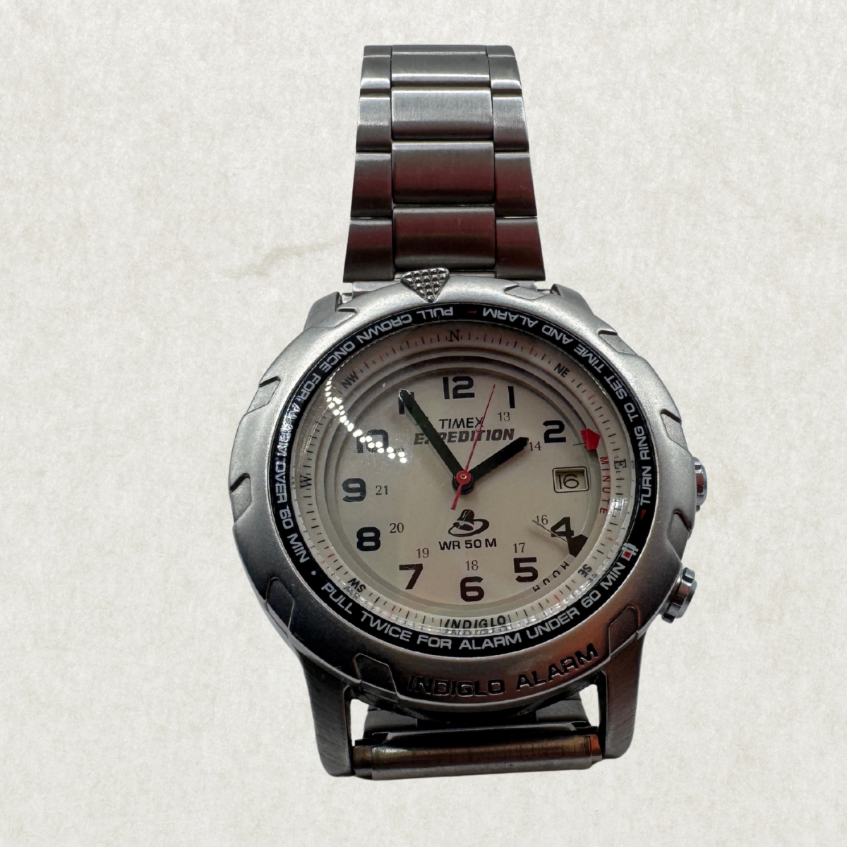 Rare Vintage Timex Expedition Men’s Watch – 39mm, Silver Tone, Indiglo Alarm, Date, SS