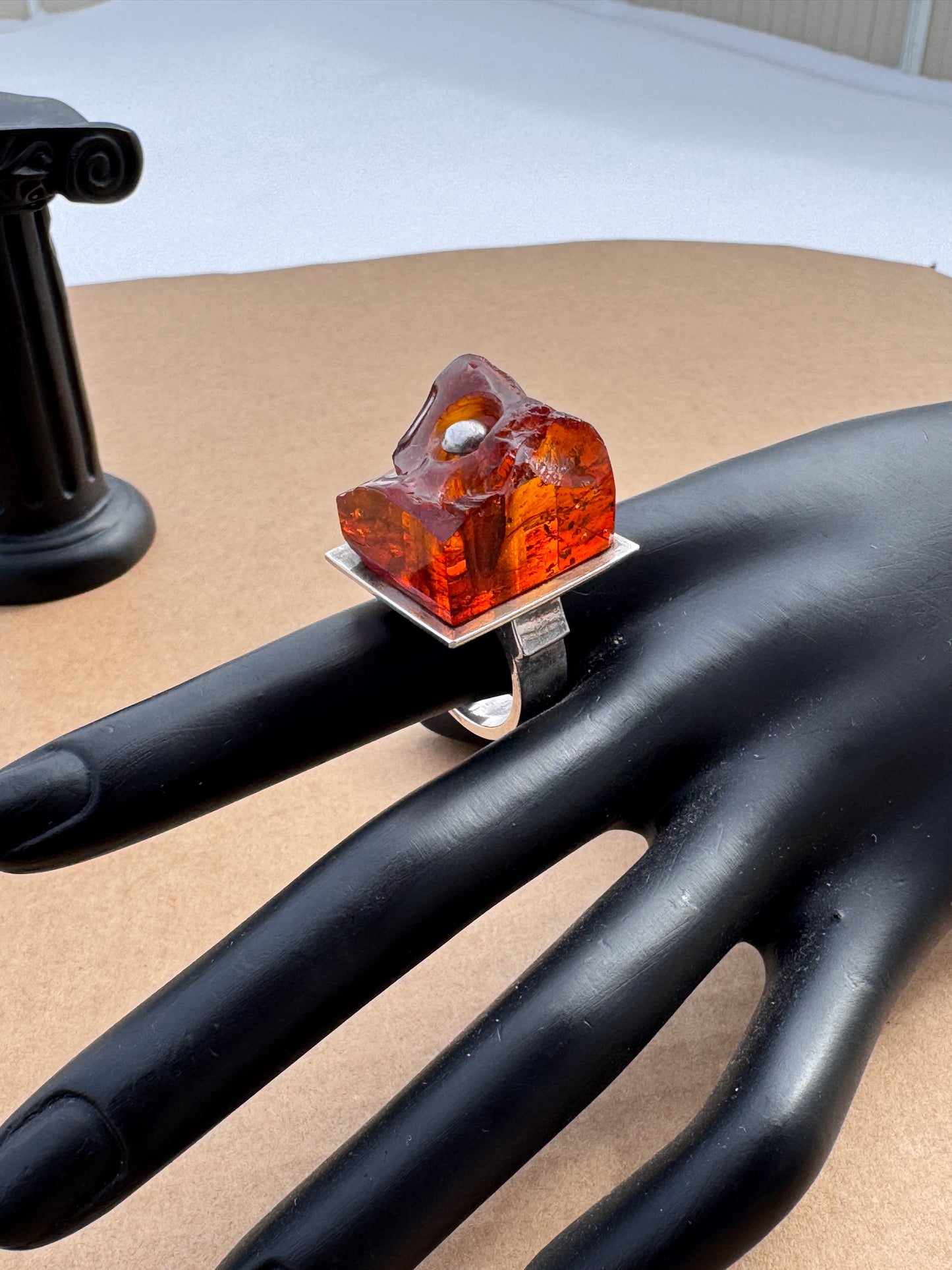 Sterling Silver Modernist Ring with Sculptural Amber, Mogens Godskesen Size 9