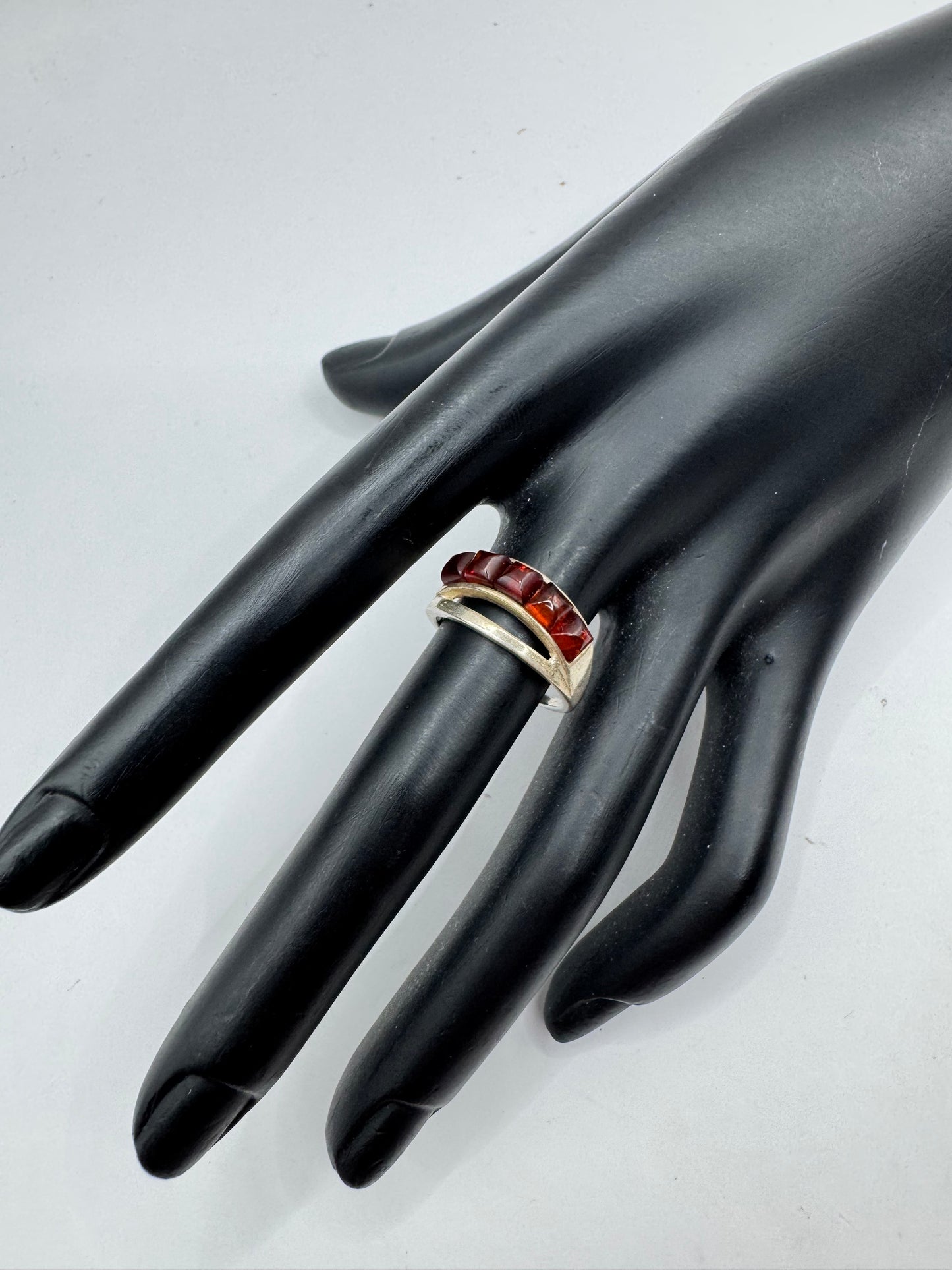 Vintage Sterling Silver Amber Bar Ring – Size 7