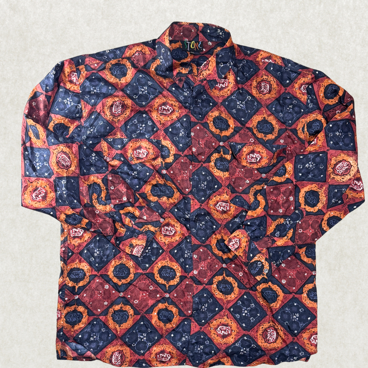 Vintage 1970s STONE Silks Men’s Shirt – 100% Silk, Size XL, Oversized