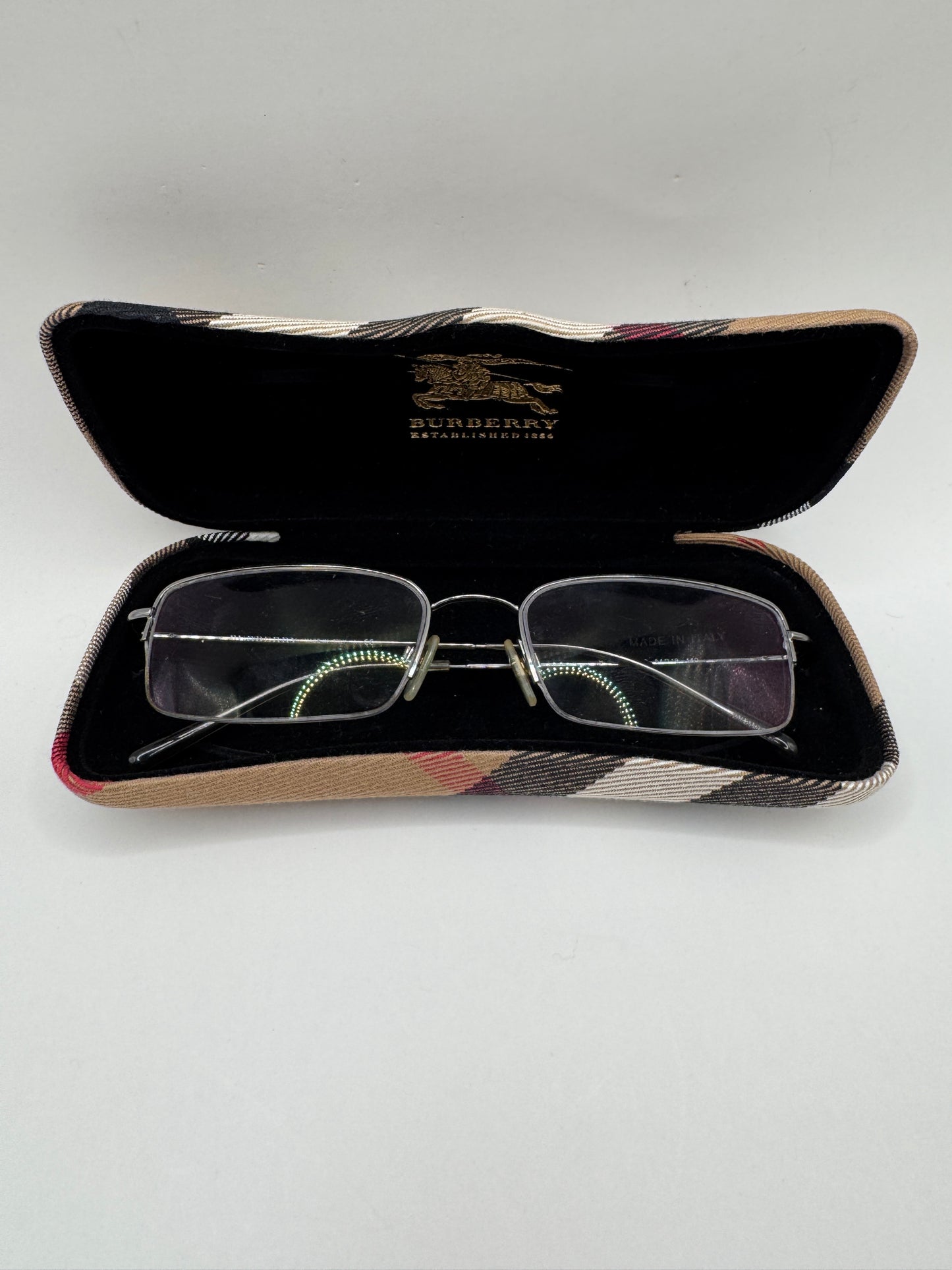 Burberry B 1068 1003 Half Rim Eyeglasses – Gunmetal Silver, Used, Good Condition  (Frame Only, Prescription Lenses Installed)