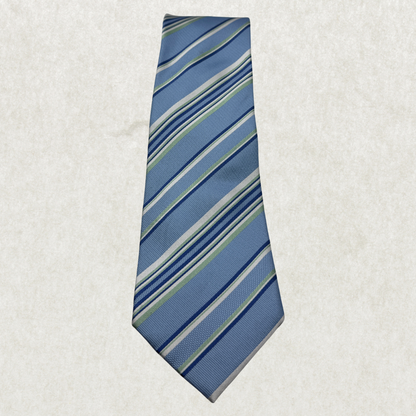 Vintage Balmain Paris 100% Silk Striped Tie, Light Blue Green and White