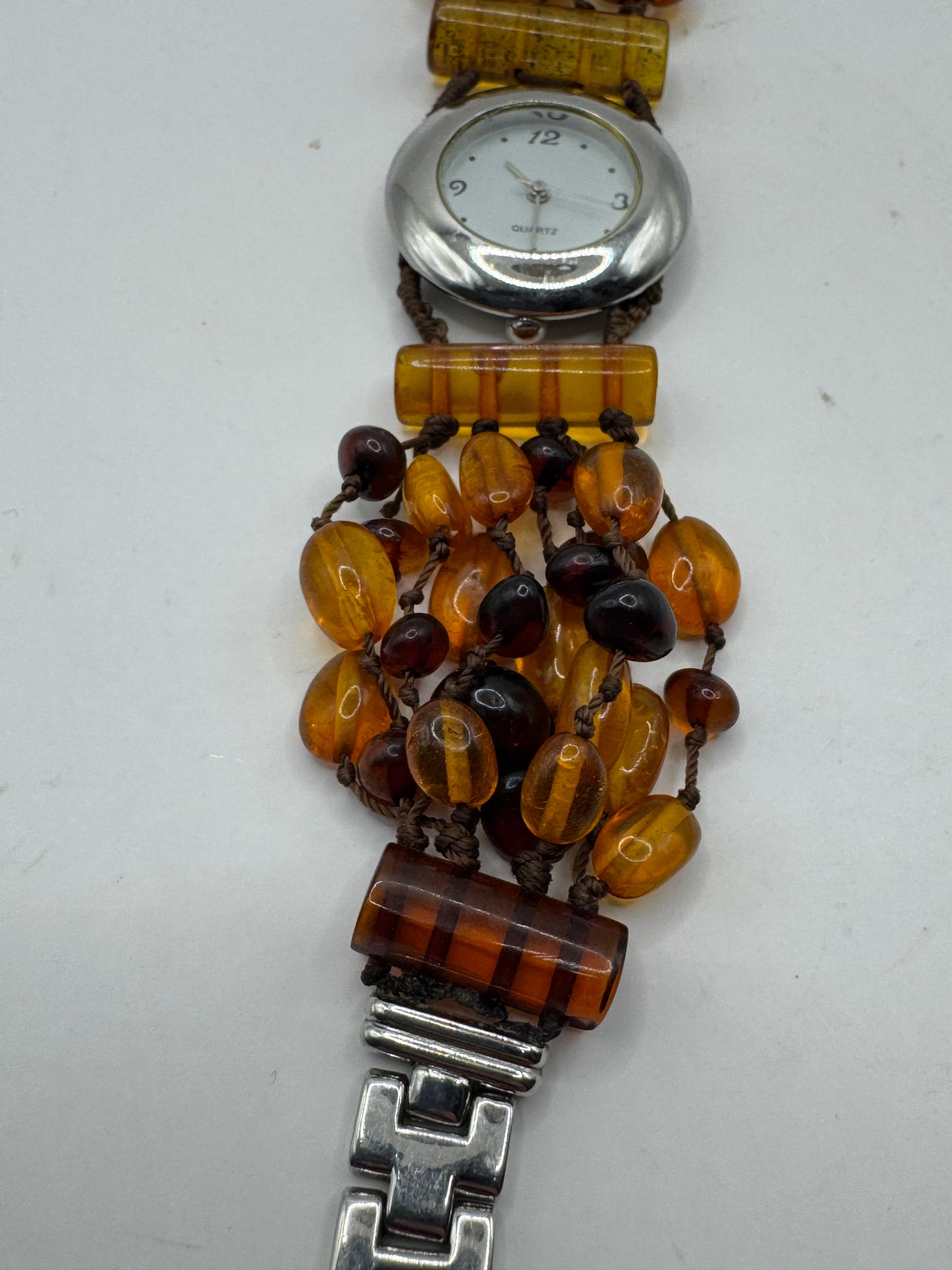 Vintage Baltic Amber Quartz Watch Bracelet Multi Strand Amber Beads 7.5”