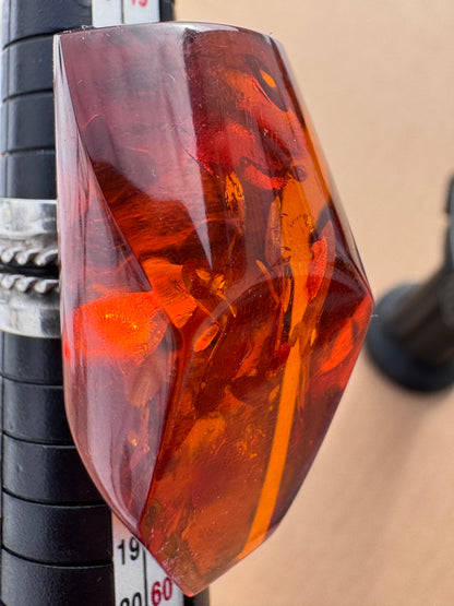 Sterling Silver Ring with Large Faceted Fire Amber, Size 7 Adjustable
