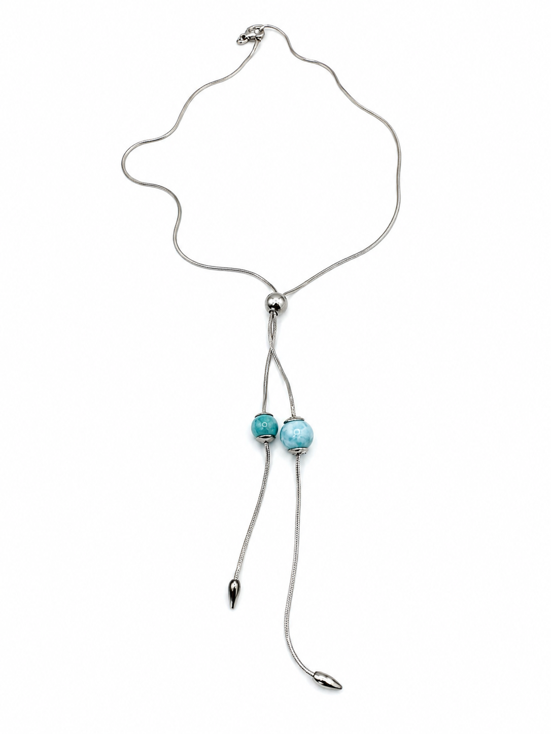 925 Sterling Silver Lariat Necklace with Blue Beads