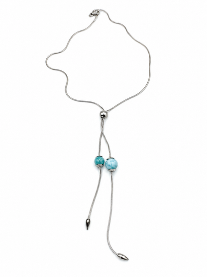925 Sterling Silver Lariat Necklace with Blue Beads