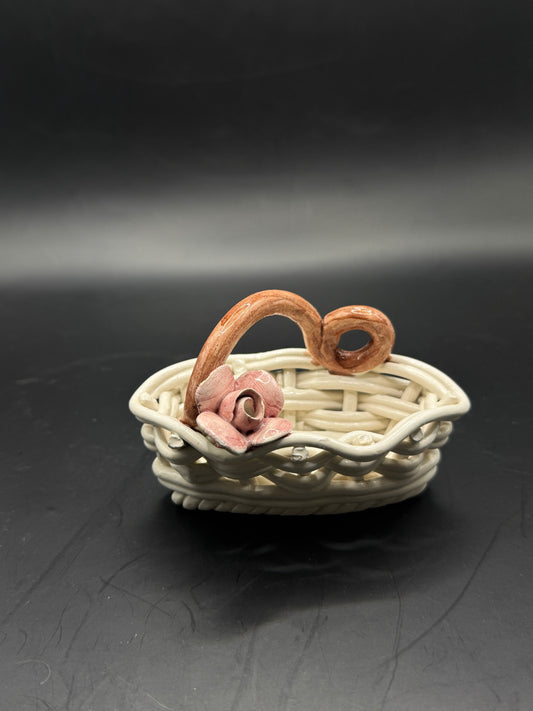 Vintage Capodimonte Woven Basket with Roses – Handmade Italian Ceramic Porcelain Bowl – Floral Cottage Decor – Made in Italy