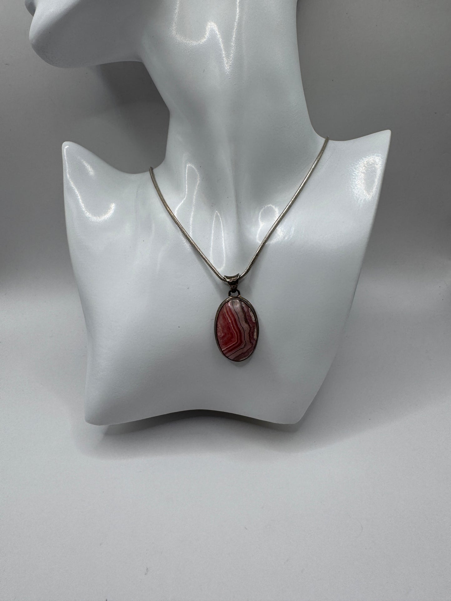 Sterling Silver Rhodochrosite Pendant Necklace – Natural Banded Pink Stone, 925