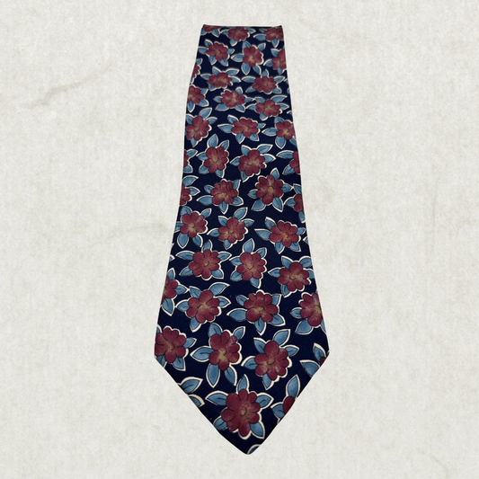 Vintage EuropeenneS 100% Silk Tie – Burgundy Floral Pattern, 58” x 4”