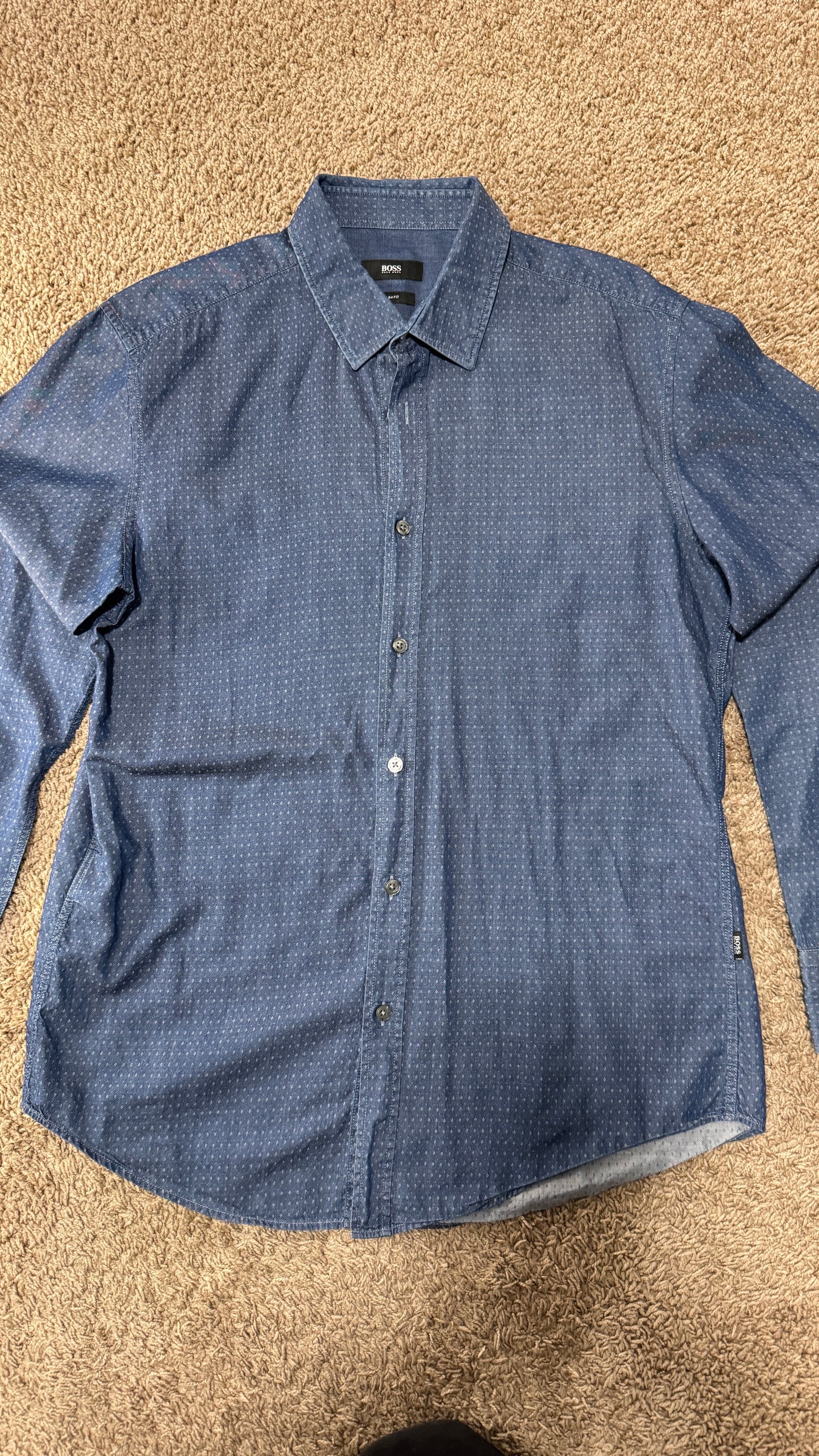 BOSS Hugo Boss Men’s Slim Fit Dress Shirt – Size L, Blue Micro-Print, Long Sleeve