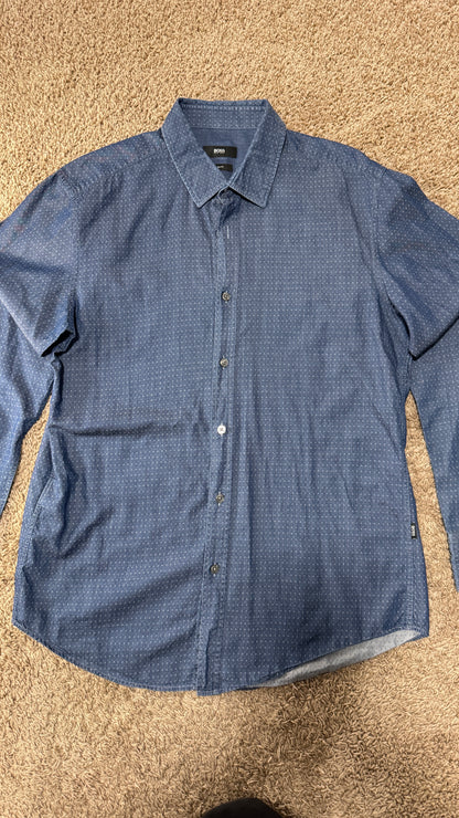 BOSS Hugo Boss Men’s Slim Fit Dress Shirt – Size L, Blue Micro-Print, Long Sleeve