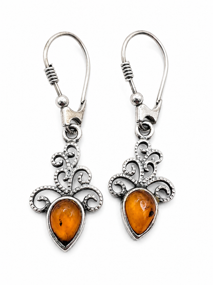 Sterling Silver Amber Filigree Drop Earrings