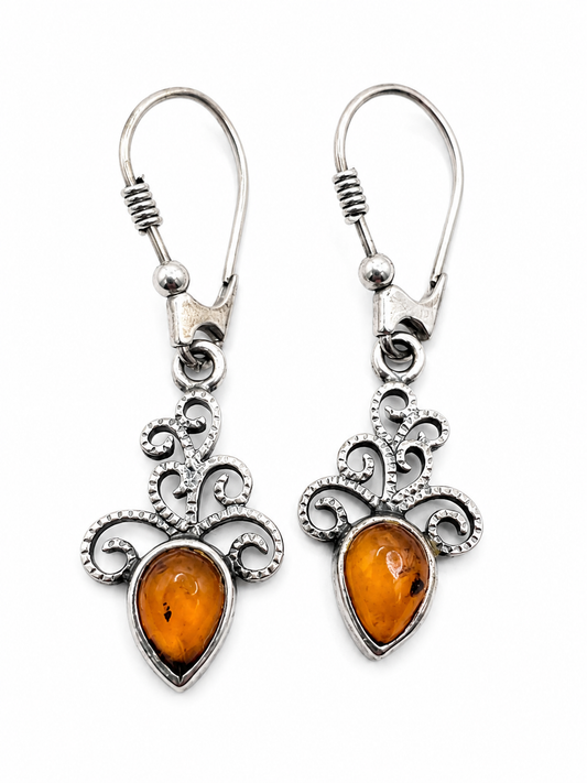 Sterling Silver Amber Filigree Drop Earrings