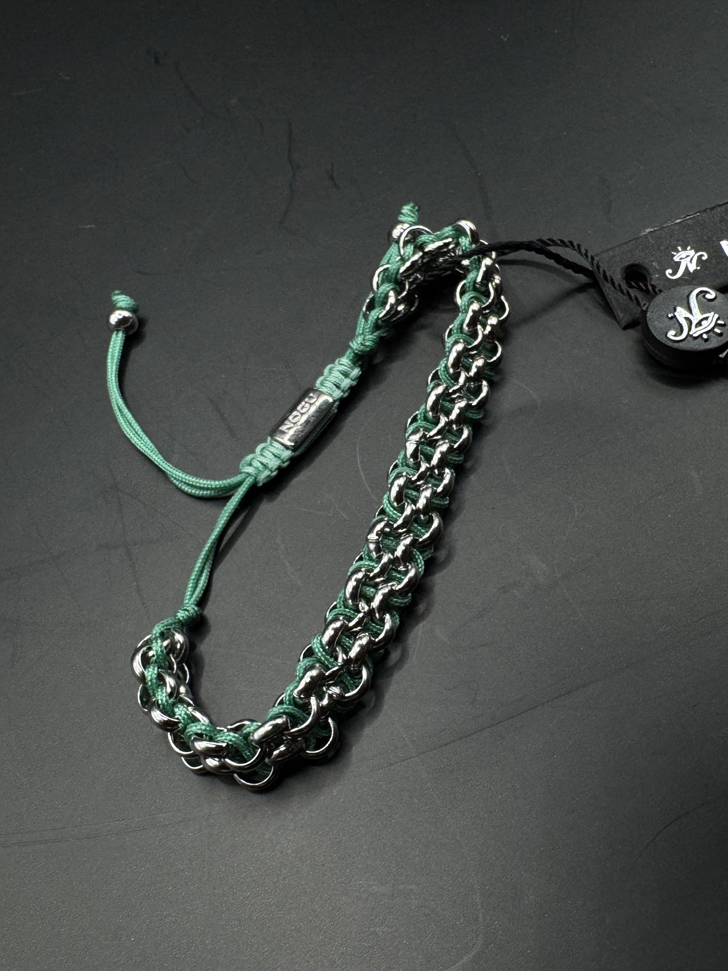 BNWT NOGU Bracelet – Green Cord & Silver Tone Chain, Adjustable, Modern Style