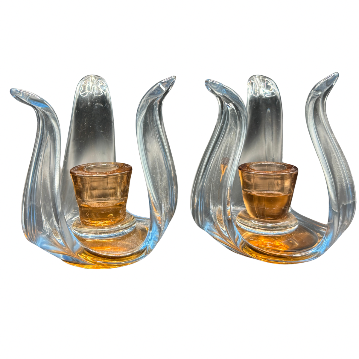 Vintage Art Glass Candle Holders Pair – Amber & Clear Sculptural Mid-Century Style Candlesticks