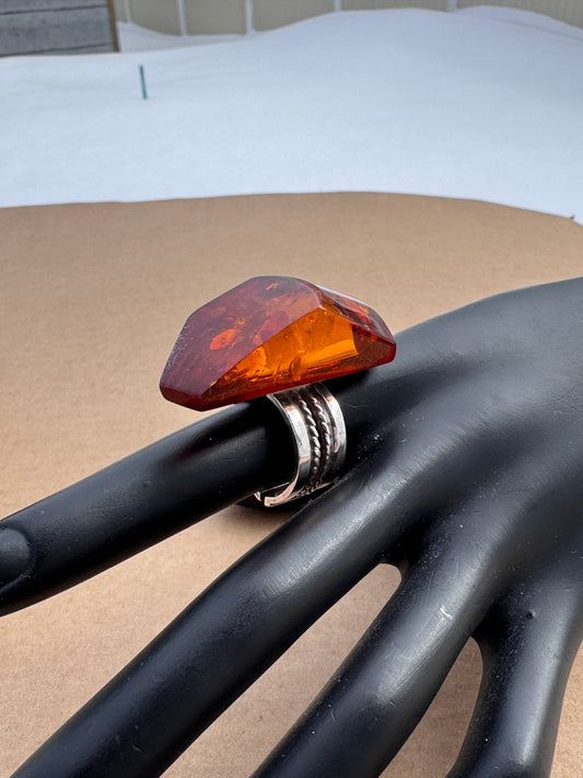 Sterling Silver Ring with Large Faceted Fire Amber, Size 7 Adjustable