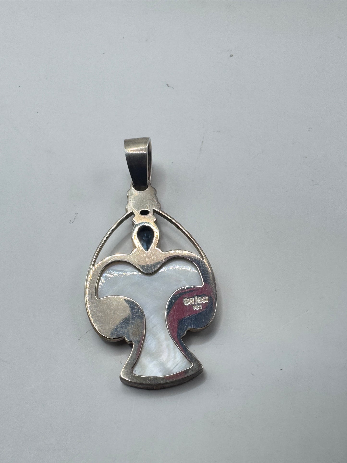 RARE Large Sajen Sterling Silver Mother of Pearl & Topaz Stylized Angel Pendant – Excellent Condition