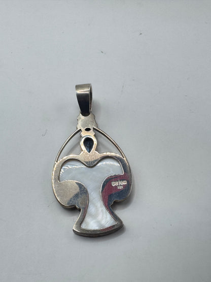 RARE Large Sajen Sterling Silver Mother of Pearl & Topaz Stylized Angel Pendant – Excellent Condition