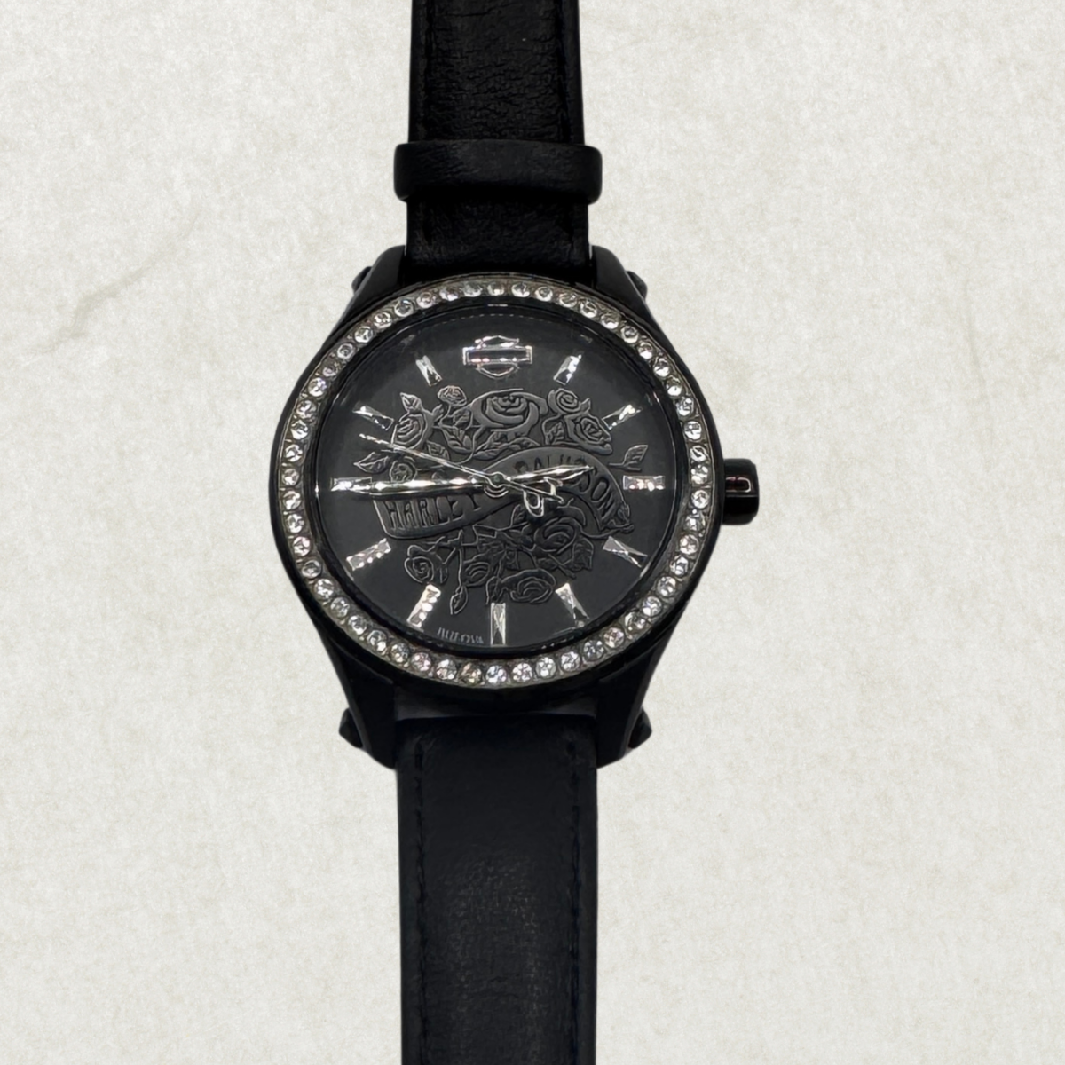 Limited Edition Bulova Harley-Davidson Women’s Watch – Black Leather Strap & Crystal Bezel