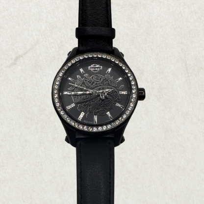 Limited Edition Bulova Harley-Davidson Women’s Watch – Black Leather Strap & Crystal Bezel