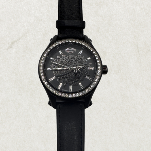 Limited Edition Bulova Harley-Davidson Women’s Watch – Black Leather Strap & Crystal Bezel