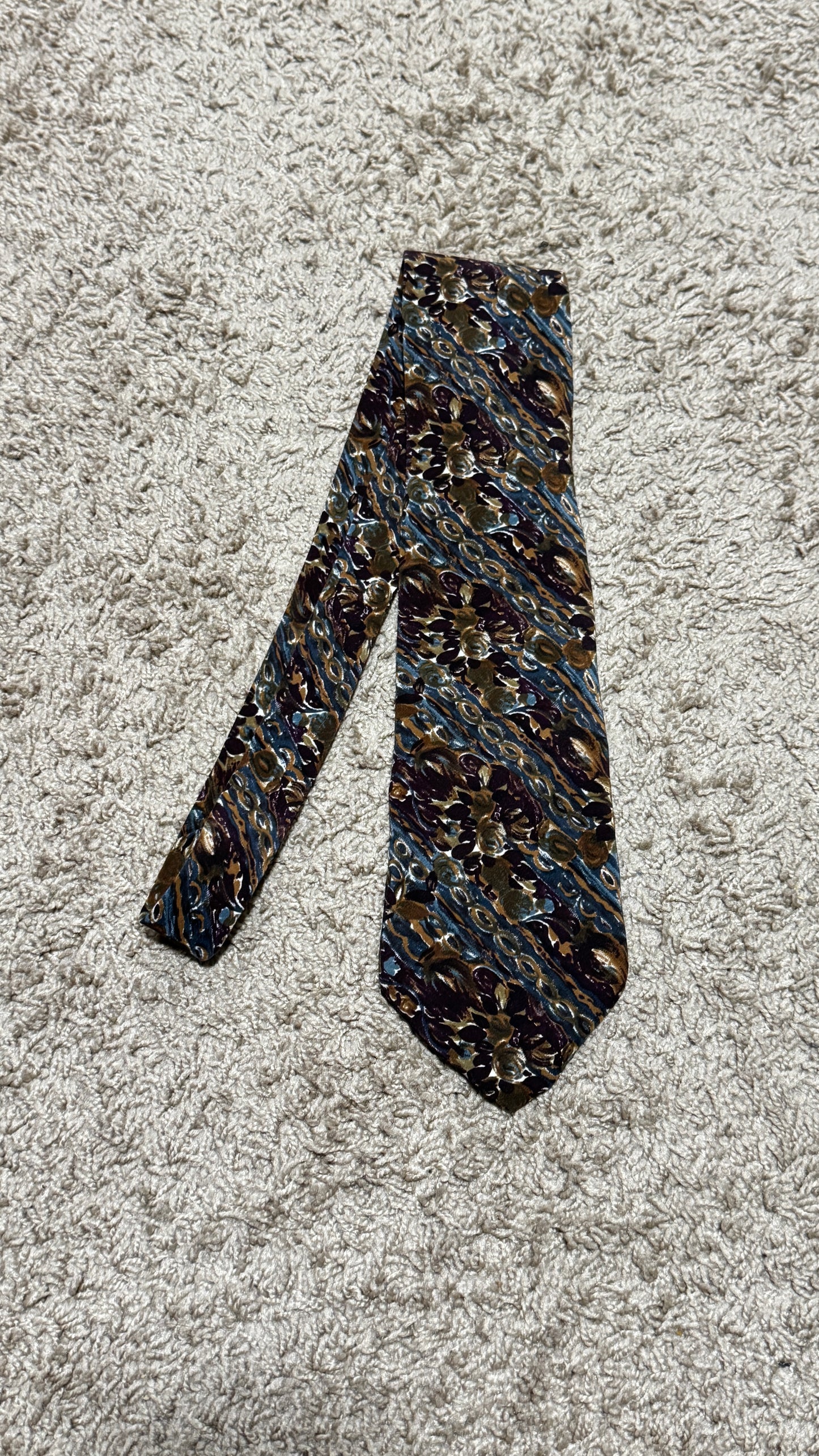 Vintage Cellini Silk Tie – Abstract Baroque Pattern, Blue & Brown, 100% Silk, 57”