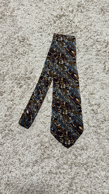 Vintage Cellini Silk Tie – Abstract Baroque Pattern, Blue & Brown, 100% Silk, 57”