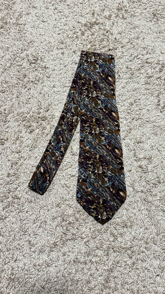 Vintage Cellini Silk Tie – Abstract Baroque Pattern, Blue & Brown, 100% Silk, 57”