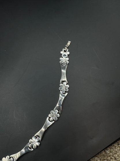 Vintage Mexican Sterling Silver 925 Bracelet – Floral Link Design, Taxco Style, Mid-Century