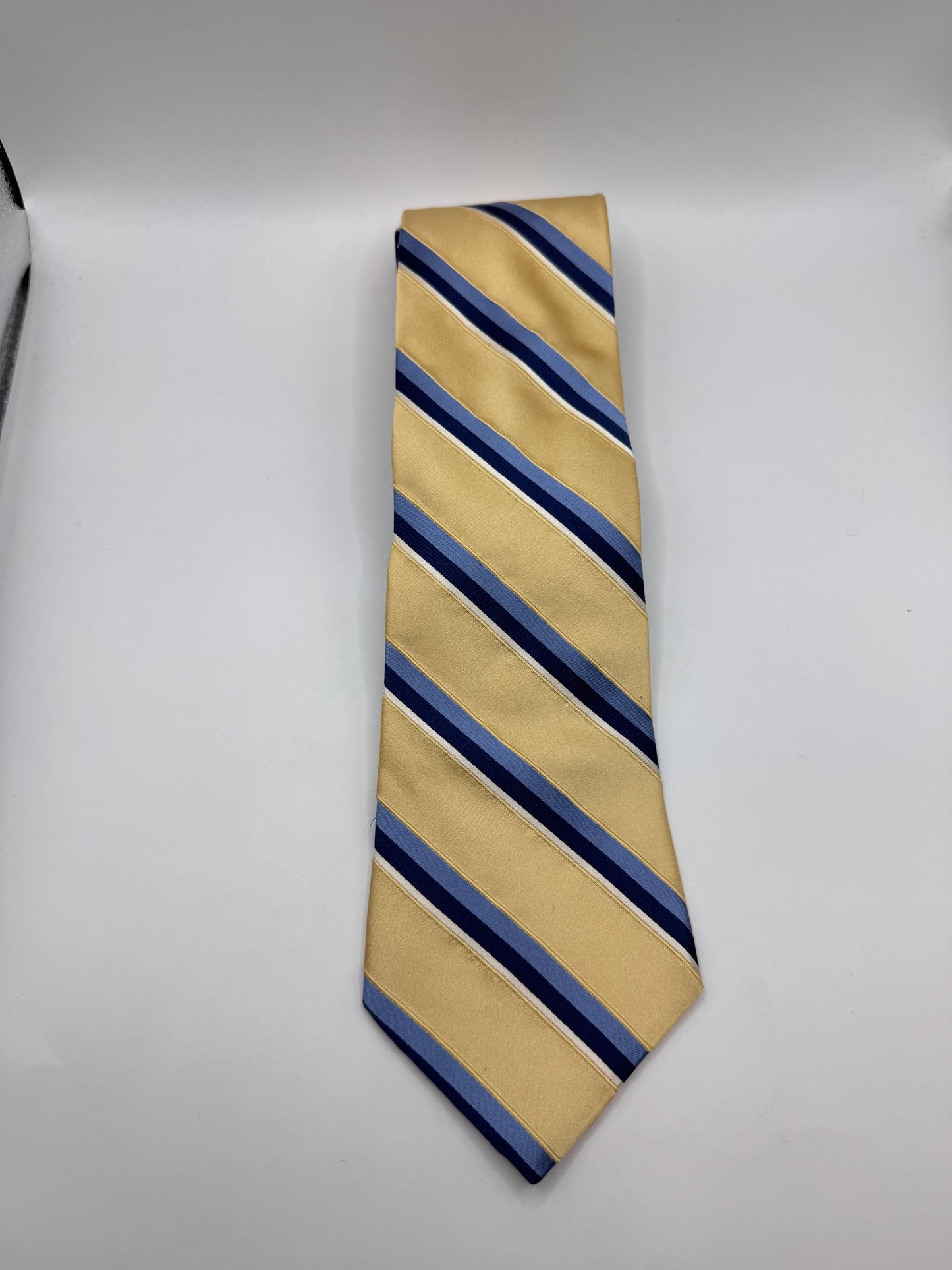 Vintage Tommy Hilfiger Silk Tie – 100% Silk, Gold & Blue Stripe