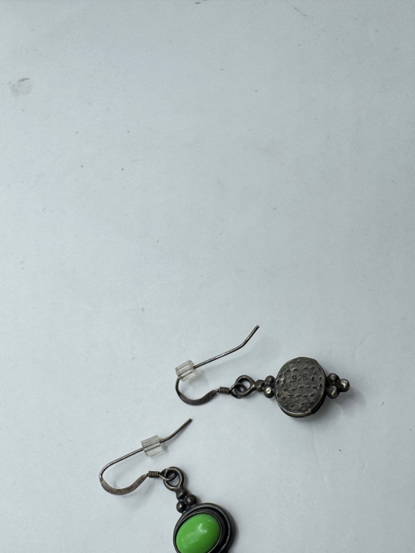 Vintage Garnet Sterling Silver Earrings – Green Cabochon Stone, 925 Marked, Dangle Drop