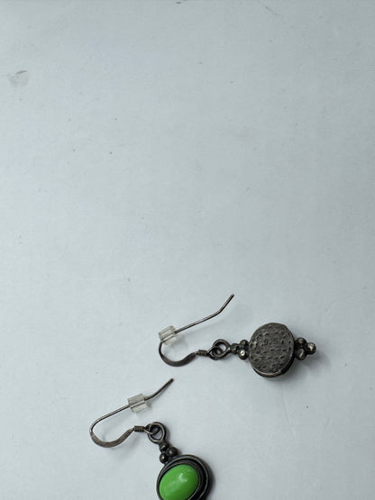 Vintage Garnet Sterling Silver Earrings – Green Cabochon Stone, 925 Marked, Dangle Drop