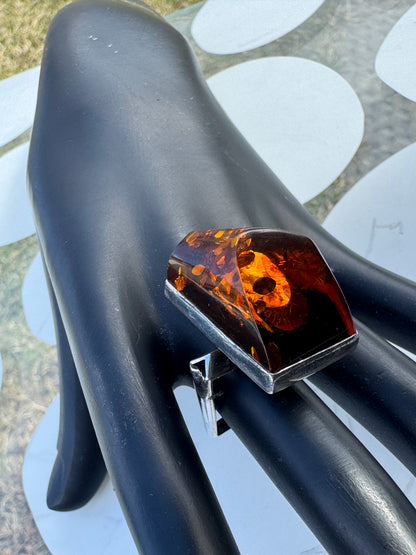 Vintage Modernist Amber Ring Sterling Silver Geometric Brutalist Style Sz 7.5