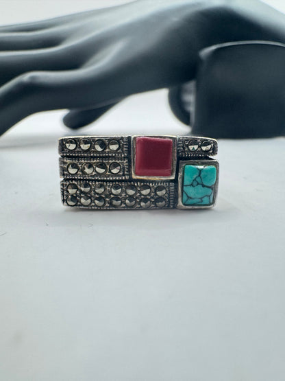 Vintage Native American Style Turquoise & Red Stone Ring – Size 8