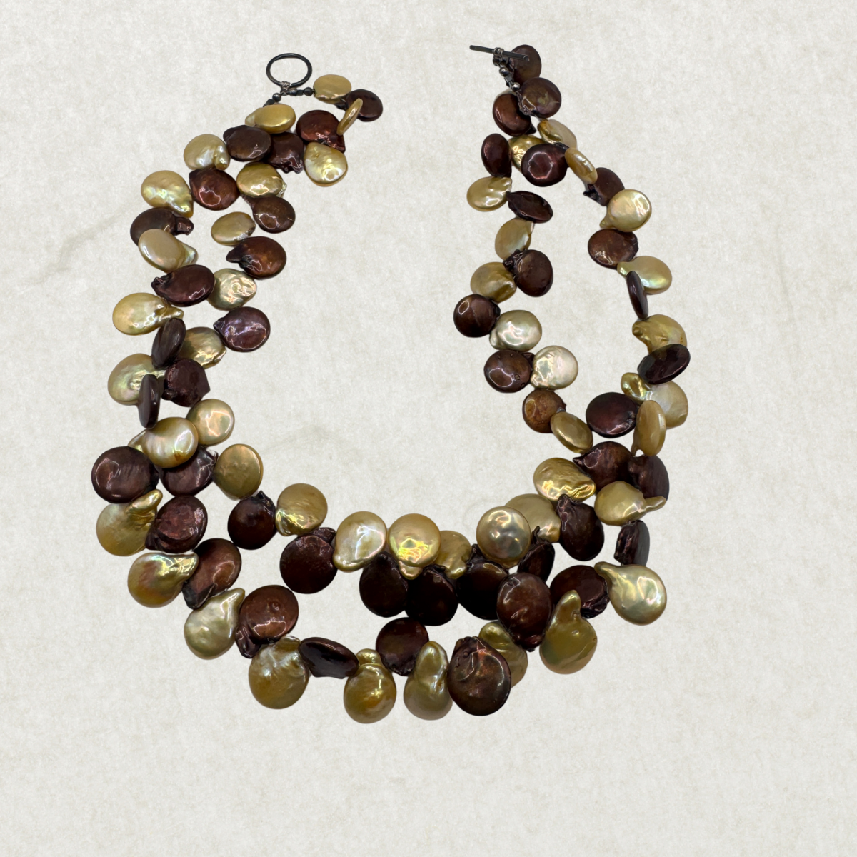 Vintage Double Strand Brown Mother of Pearl Shell Nugget Necklace – 925 Sterling Silver Clasp