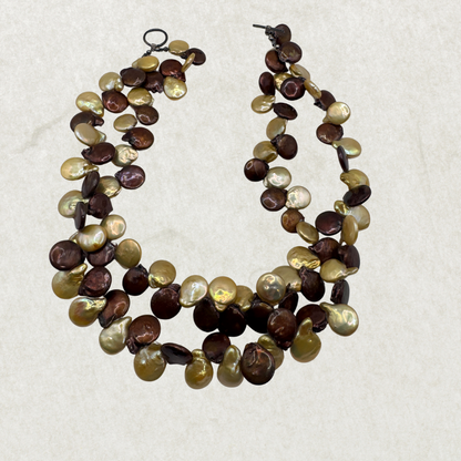 Vintage Double Strand Brown Mother of Pearl Shell Nugget Necklace – 925 Sterling Silver Clasp