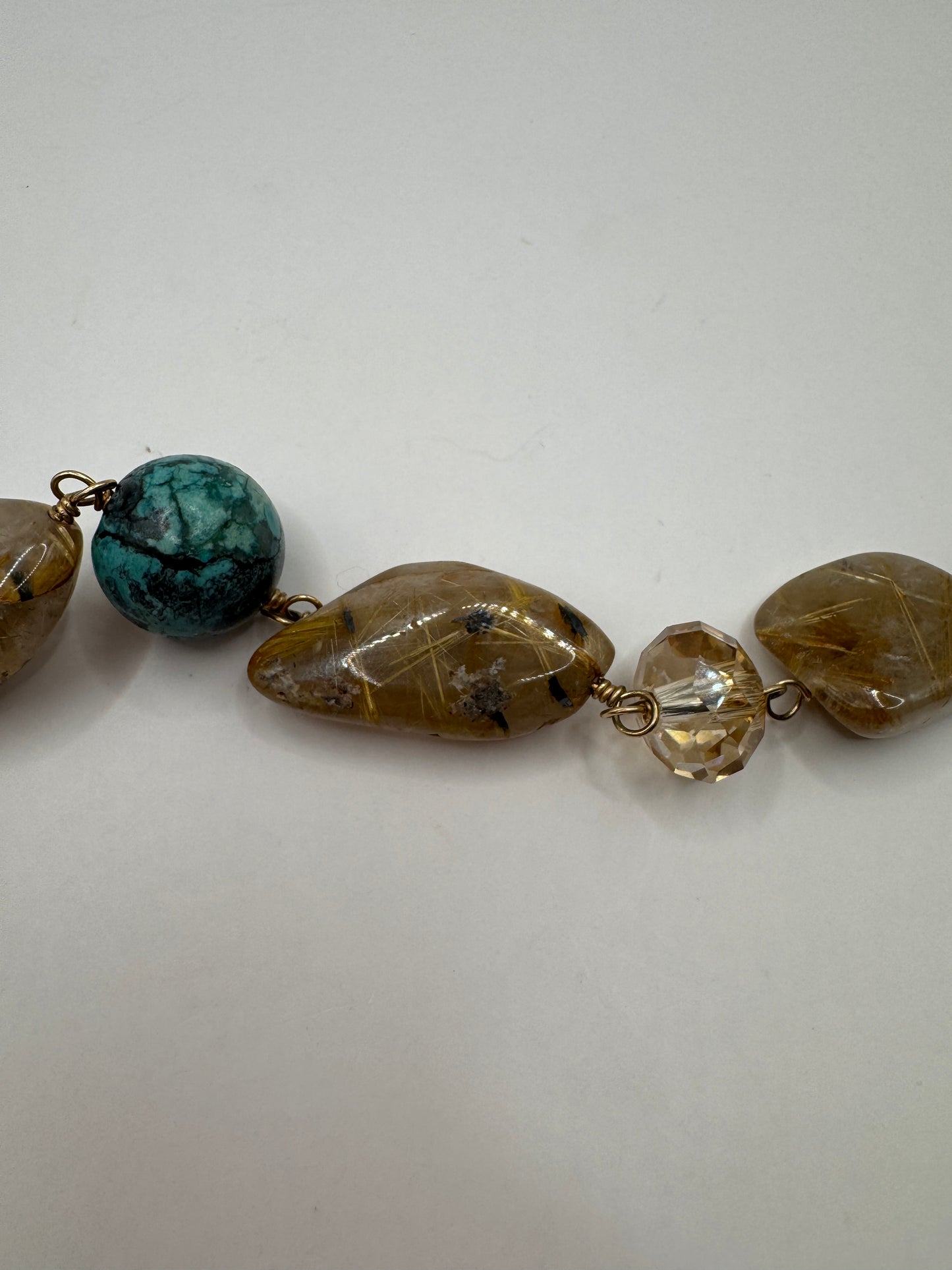 Vintage Sterling Silver Bracelet – Turquoise & Rutilated Quartz Cabochon, Golden Flax Accents
