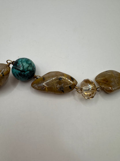 Vintage Sterling Silver Bracelet – Turquoise & Rutilated Quartz Cabochon, Golden Flax Accents