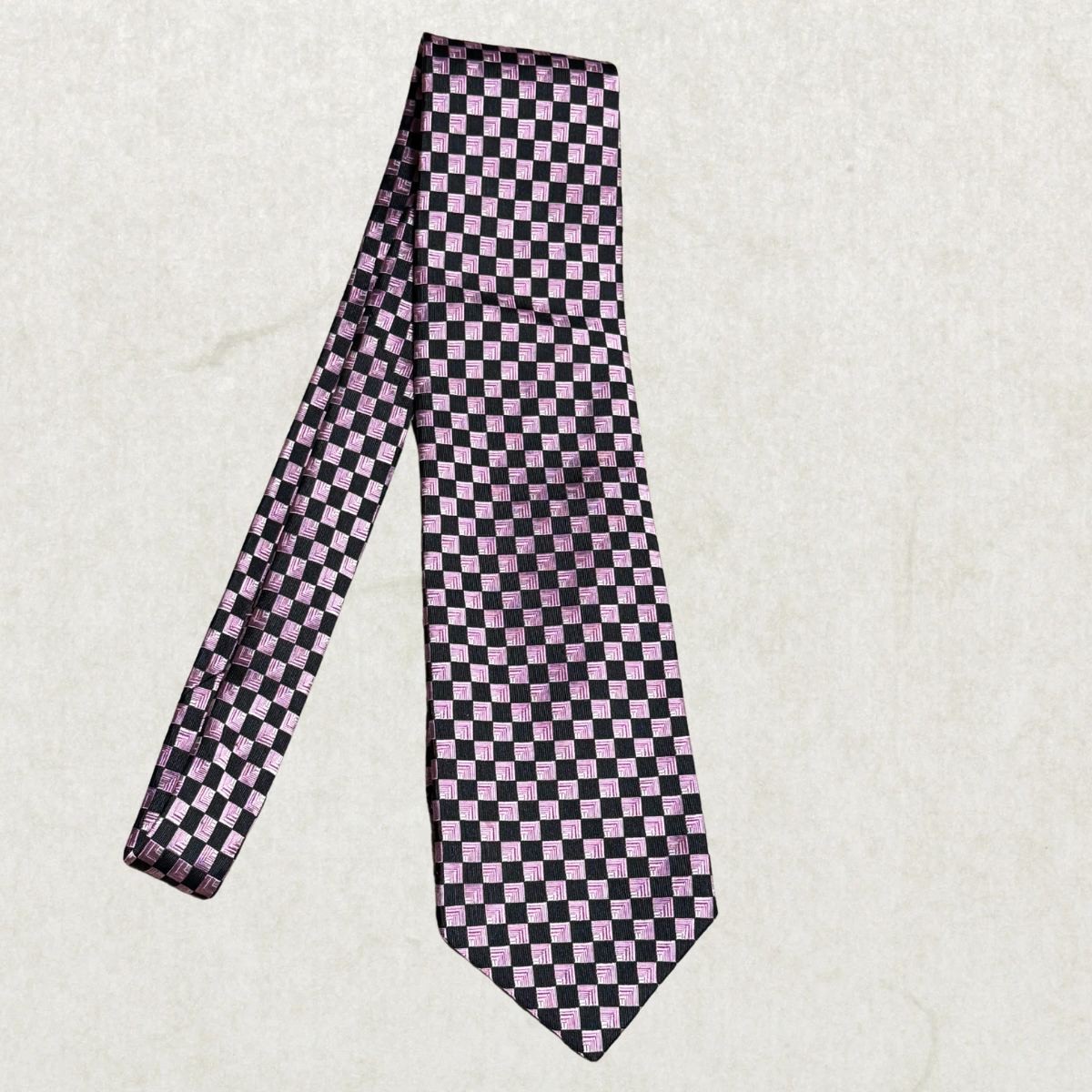 Vintage Holt Renfrew Silk Tie – Pink & Black Geometric Checker Pattern, 100% Silk, 59”