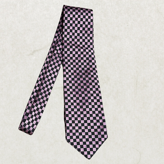 Vintage Holt Renfrew Silk Tie – Pink & Black Geometric Checker Pattern, 100% Silk, 59”